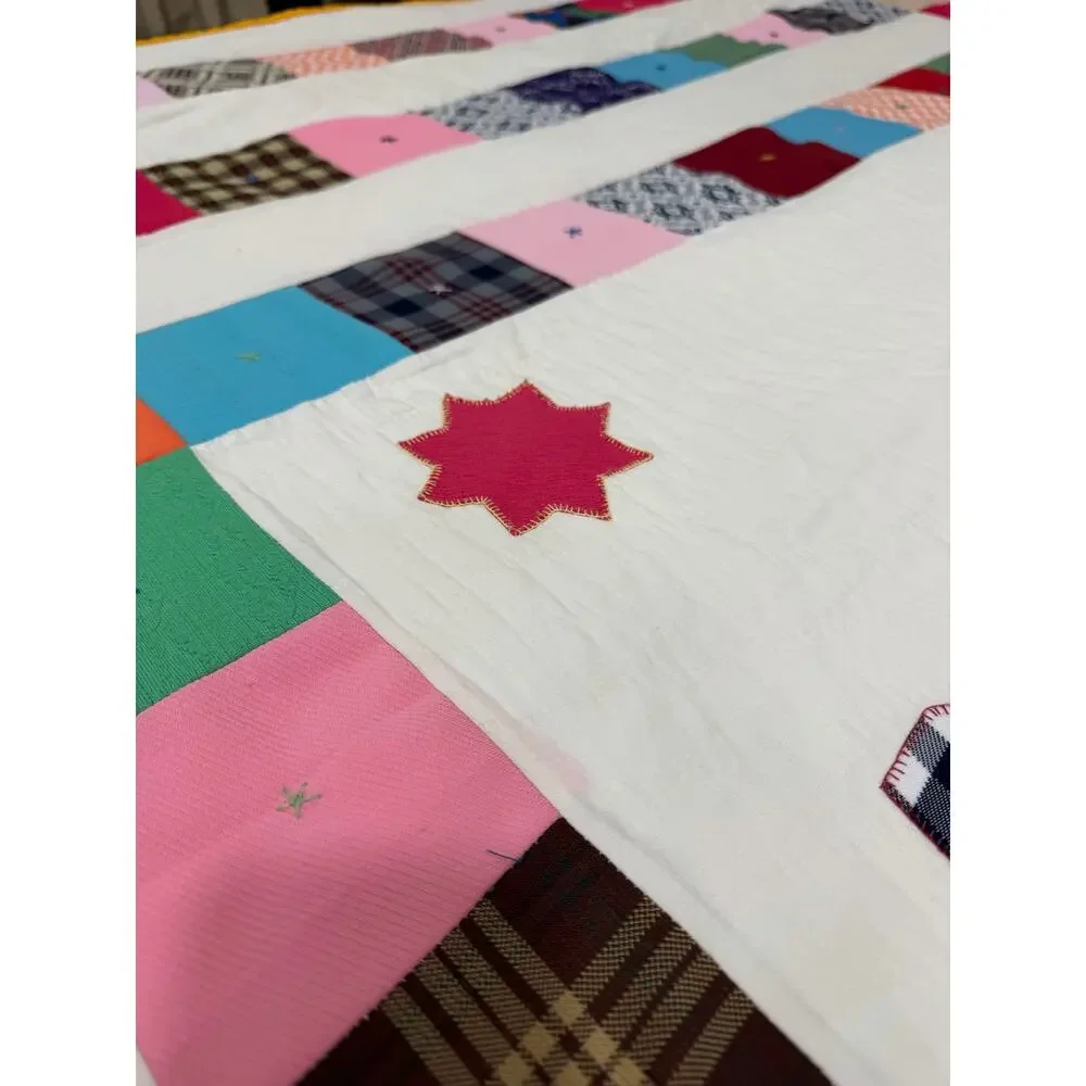 Vintage Handmade Folk Art Patchwork Quilt Hand Quilted Memory Quilt 68x84
